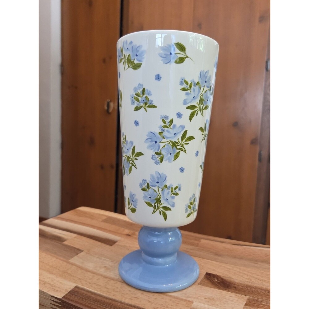 Cherrywood Lane Floral Pedestal Vase White/Blue/Green 9.5in 2025 Printed
